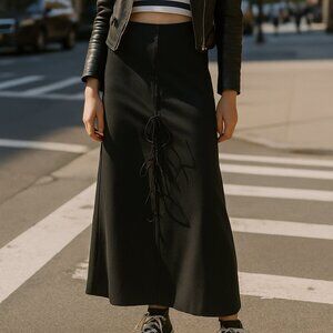 Illig Black Maxi Skirt XS – Lace-Up Side Detail, Long Evening Skirt